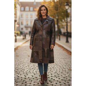 Brandon Thomas Leather Coat Womens Medium Brown Patchwork Long‎ Trench Jacket